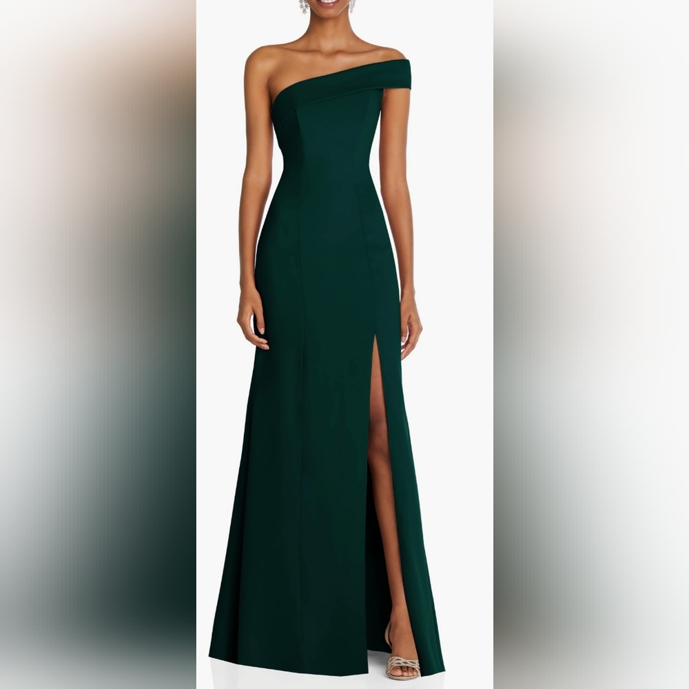 After Six One Shoulder Gown in Deep Green - altered for 5’1” height